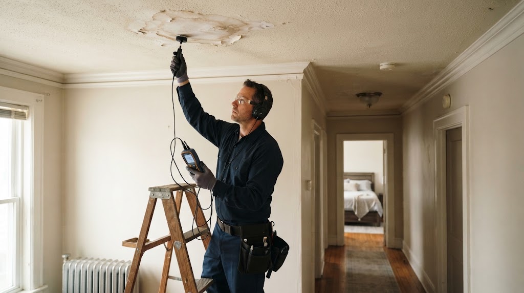 Ceiling water damage stain in Lawrence residential property