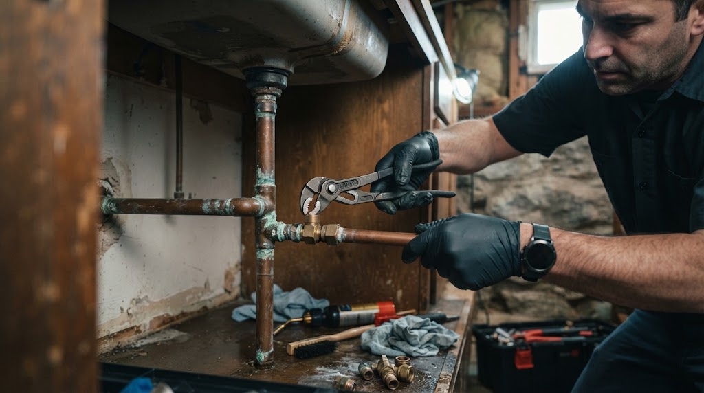 Corroded copper pipe joint in basement ceiling in Lawrence