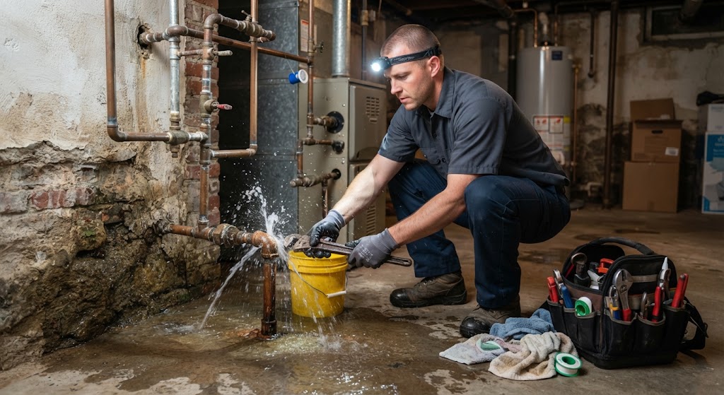 Emergency leak repair Lawrence NJ technician shutting down main valve