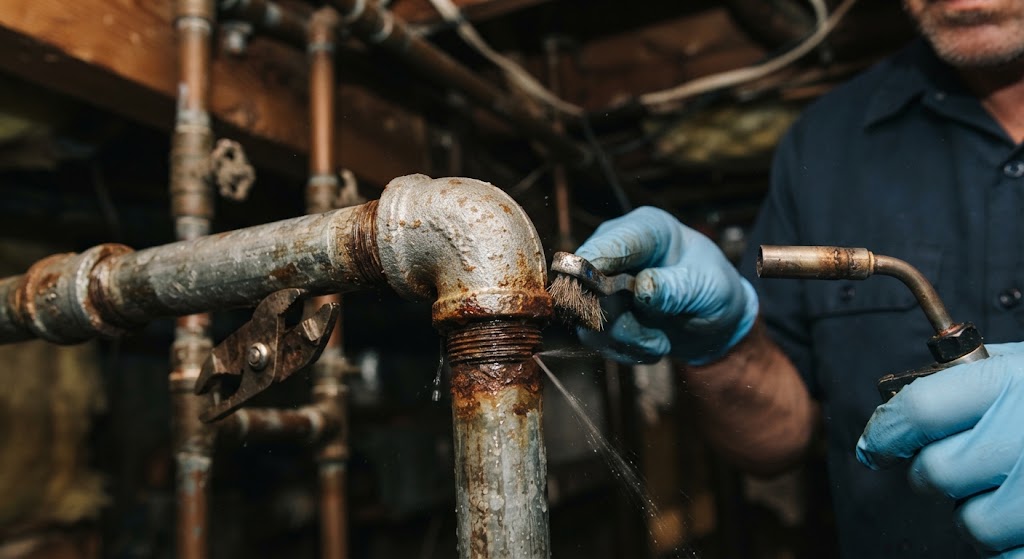 Pipe leak repair Lawrence NJ technician inspecting copper fitting