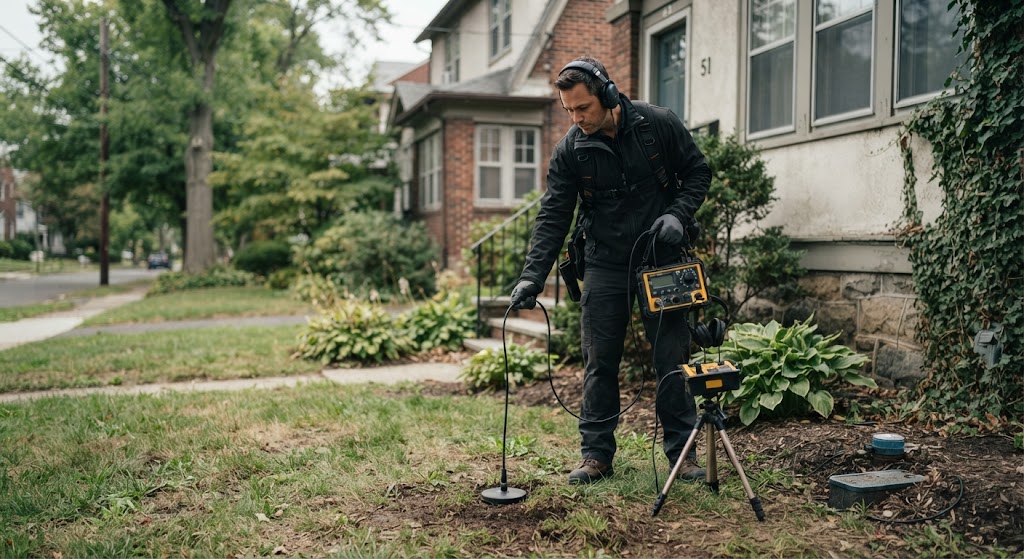 Technician performing water line leak detection Lawrence NJ in yard